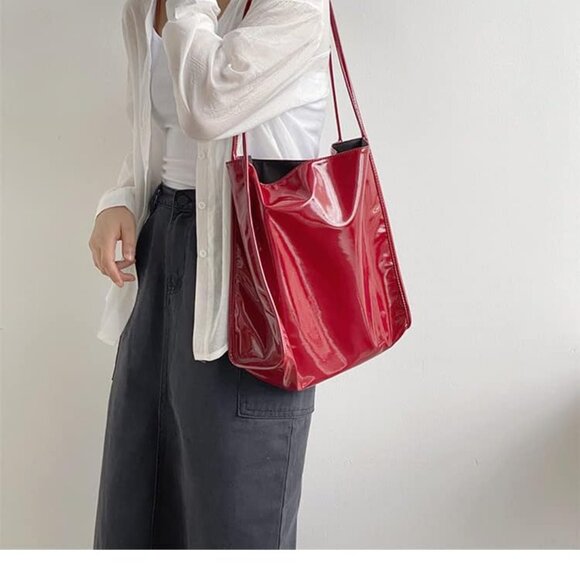 Women Patent Leather Bag Soft Tote Bag Shiny Shoulder Bag Minimal Purse Fashion - Picture 4 of 7